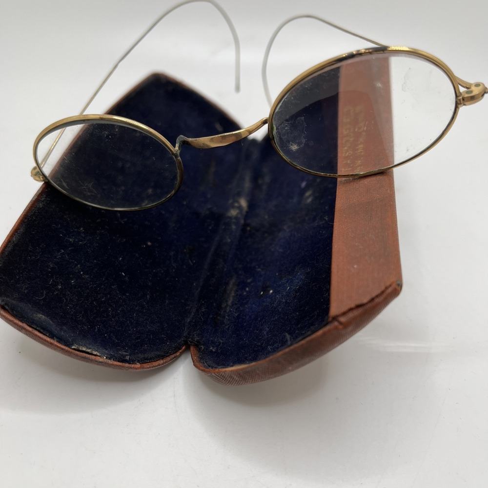 Antique Wire Rim "Windsor" Spectacles Saddle‎ Bridge Gold/ Brass Color with Case